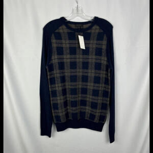 Saks Fifth Avenue Wool Crewneck Sweater Taupe Navy Check Size M